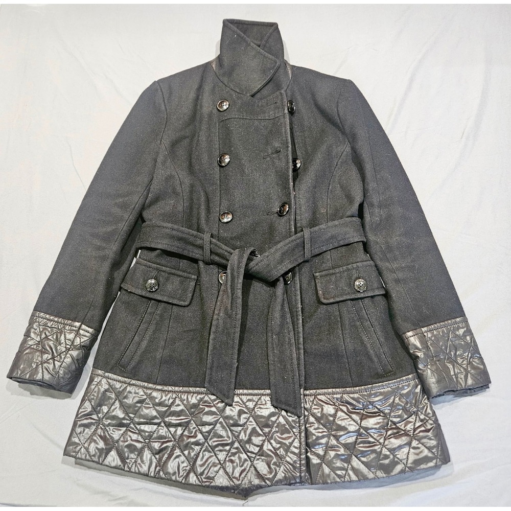 Sean John Pea Coat Women L Black Excellent Wool Blend Belted Quilted Trim